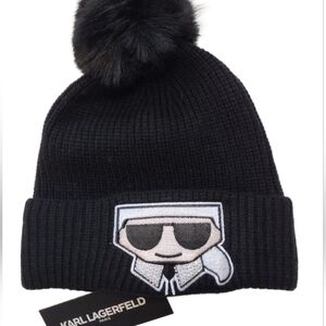 Karl Lagerfeld Women One Size Black Knit Beanie with Pom-Pom Logo Rhinestones